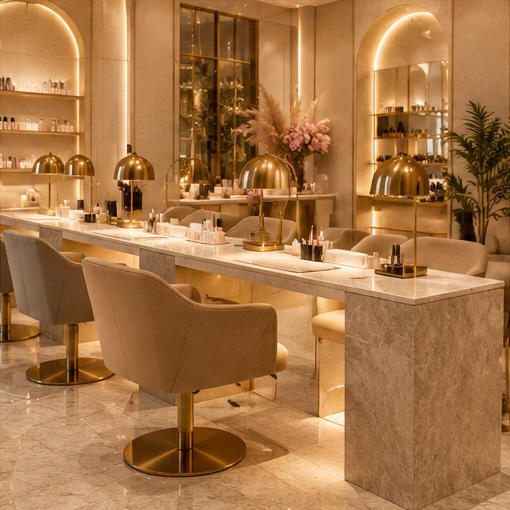Warm gold and cream nail studio interior